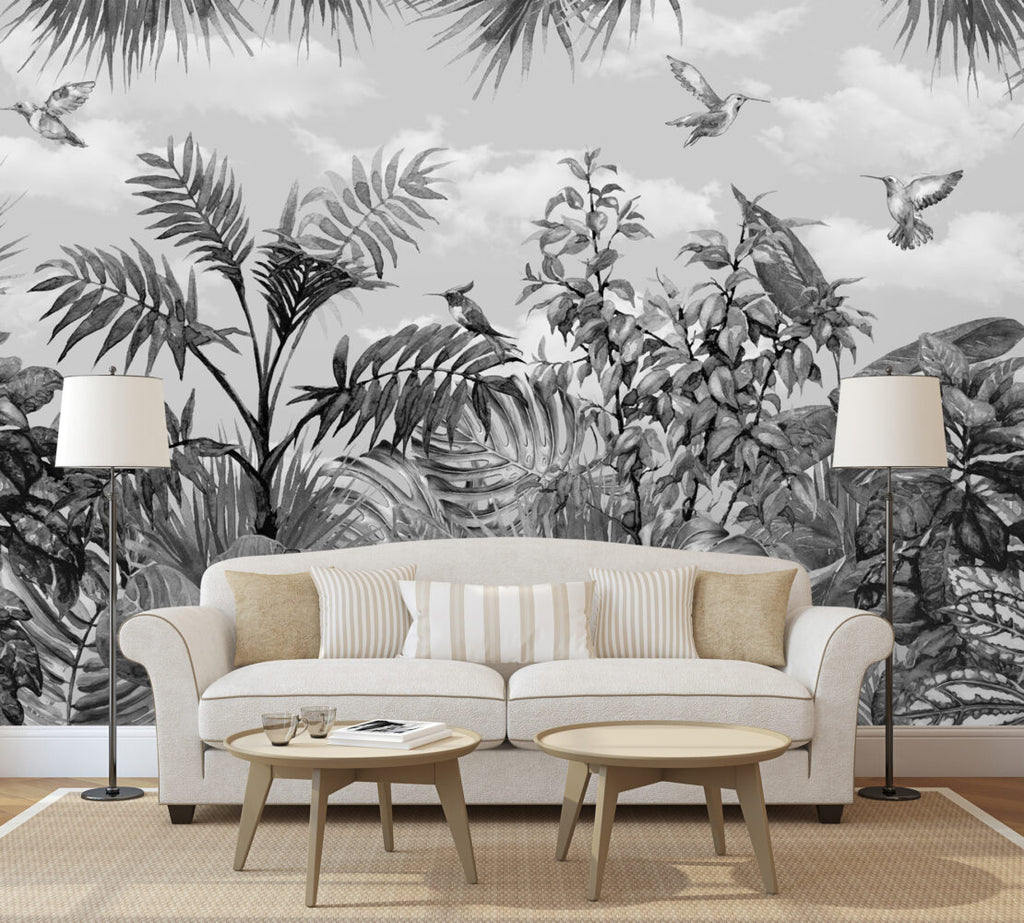 Monochrome Tropical Wallpaper : Hummingbird And Leaves Mural - View 4