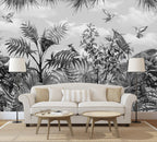 Monochrome Tropical Wallpaper : Hummingbird And Leaves Mural - View 4