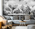 Monochrome Tropical Wallpaper : Hummingbird And Leaves Mural