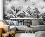 Monochrome Tropical Wallpaper : Hummingbird And Leaves Mural