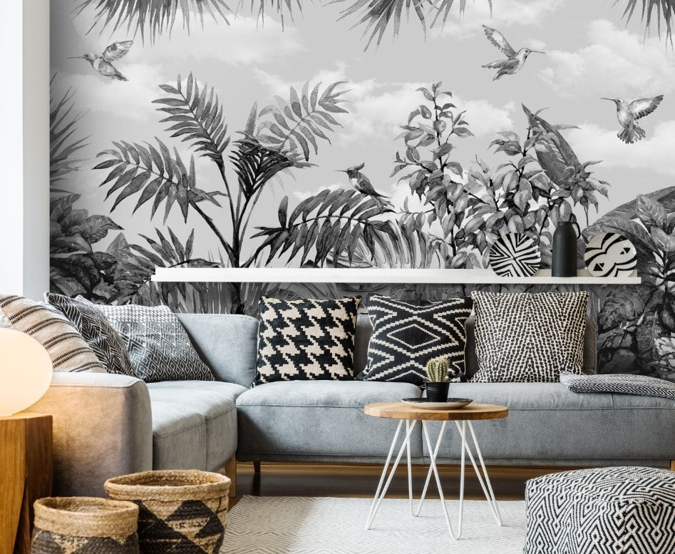 Monochrome Tropical Wallpaper : Hummingbird And Leaves Mural