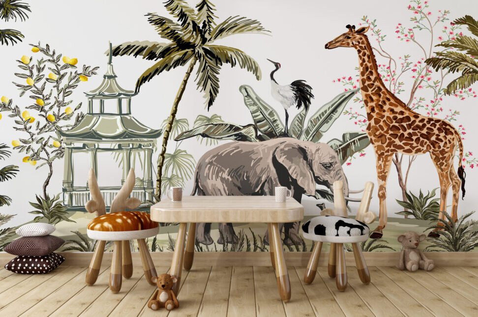 Chinoiserie Safari Wallpaper : Elephant, Giraffe and Pagoda Mural