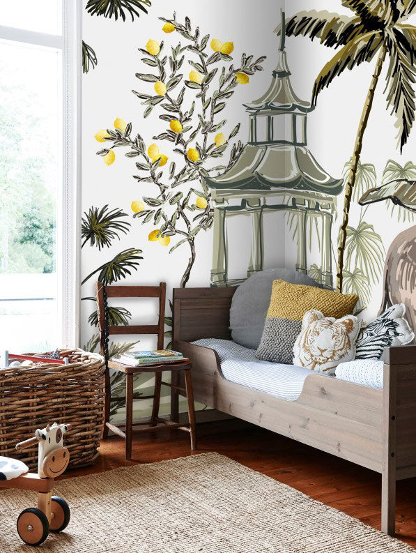 Chinoiserie Safari Wallpaper : Elephant, Giraffe and Pagoda Mural - View 5