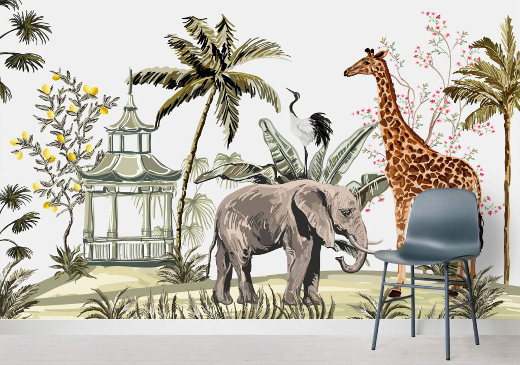 Chinoiserie Safari Wallpaper : Elephant, Giraffe and Pagoda Mural - View 4