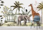 Chinoiserie Safari Wallpaper : Elephant, Giraffe and Pagoda Mural - View 4