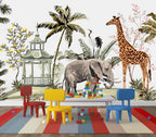 Chinoiserie Safari Wallpaper : Elephant, Giraffe and Pagoda Mural - View 2