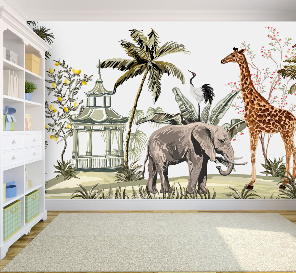 Chinoiserie Safari Wallpaper : Elephant, Giraffe and Pagoda Mural - View 3