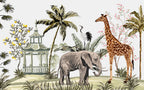 Chinoiserie Safari Wallpaper : Elephant, Giraffe and Pagoda Mural - flat design