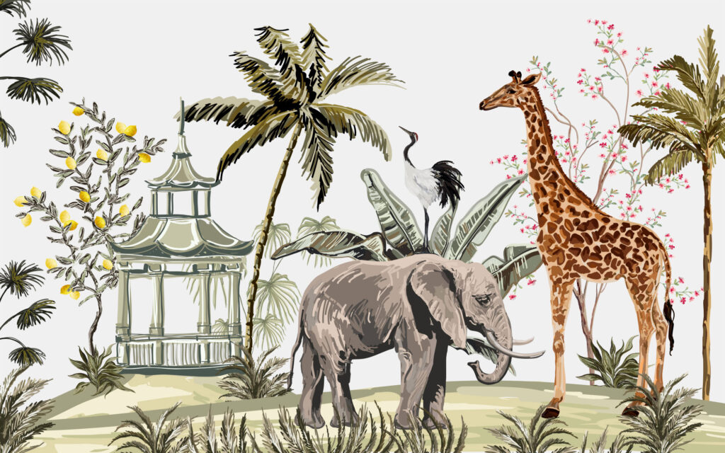 Chinoiserie Safari Wallpaper : Elephant, Giraffe and Pagoda Mural - flat design