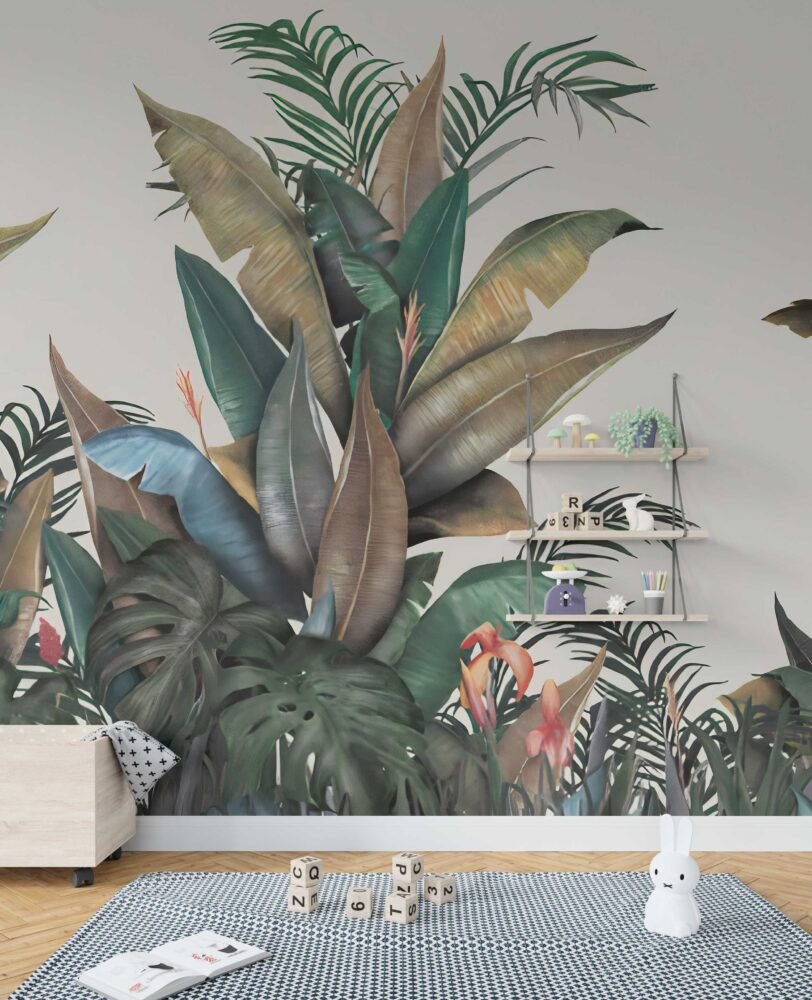 Tropical Border Wallpaper : Banana Leaves and Palms on Cream Mural - View 2