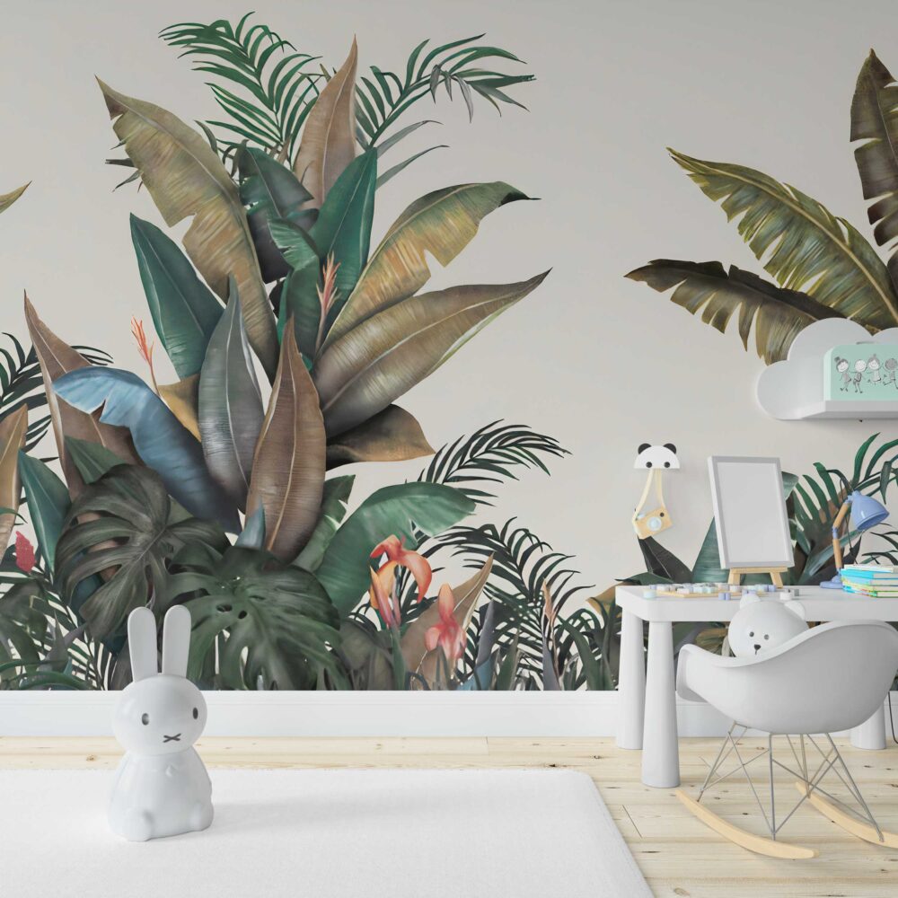 Tropical Border Wallpaper : Banana Leaves and Palms on Cream Mural - View 3