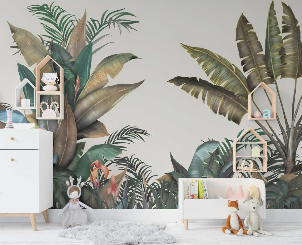 Tropical Border Wallpaper : Banana Leaves and Palms on Cream Mural