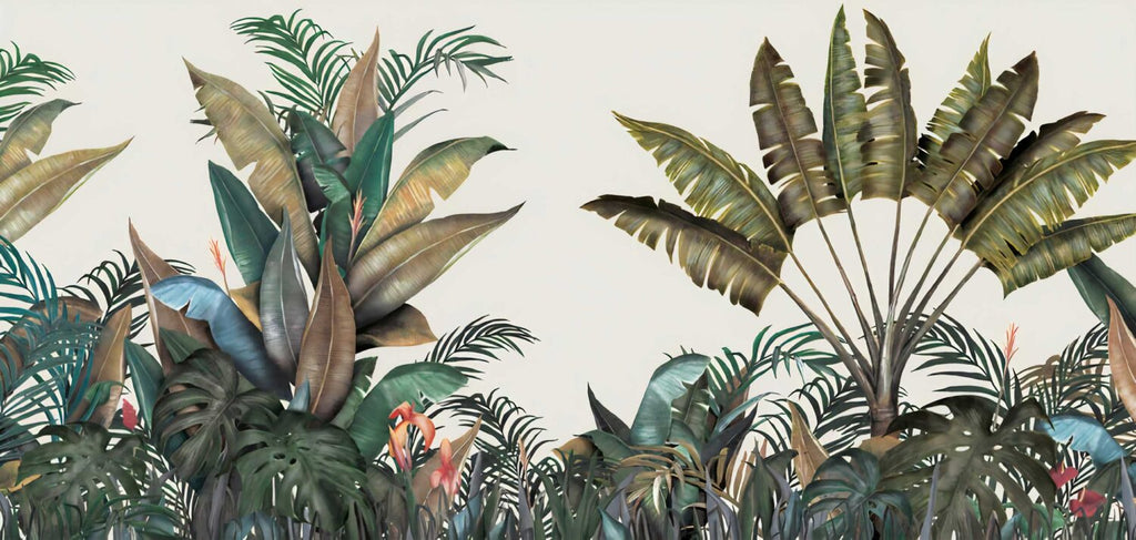 Tropical Border Wallpaper : Banana Leaves and Palms on Cream Mural - flat design