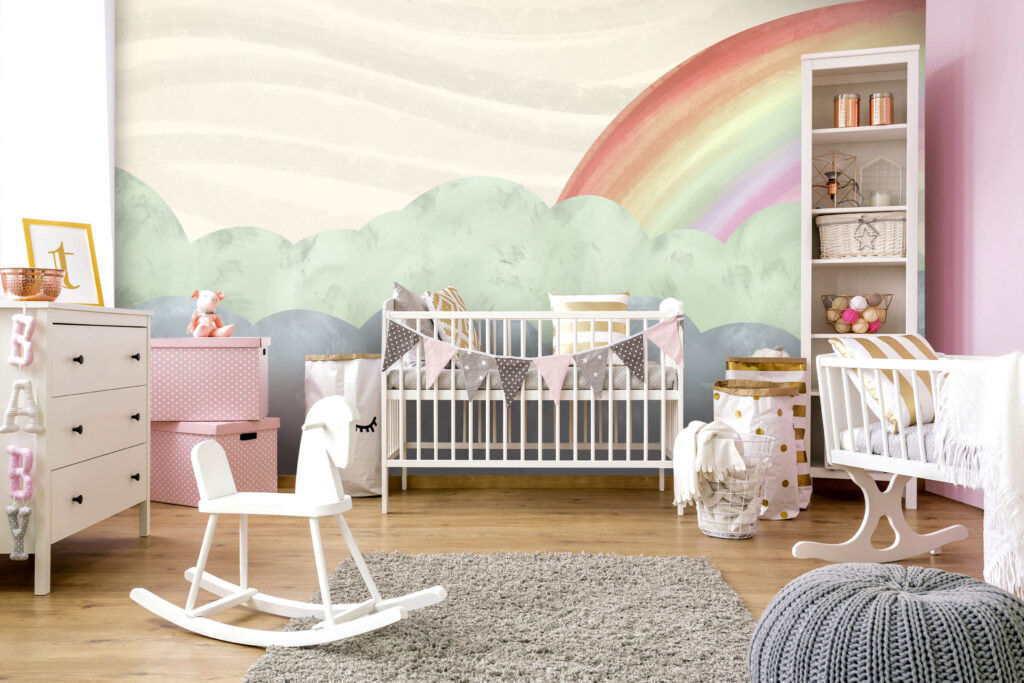Rainbow Cloud Wallpaper : Watercolour Mint and Grey Kids Mural - View 2