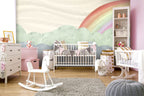 Rainbow Cloud Wallpaper : Watercolour Mint and Grey Kids Mural - View 2