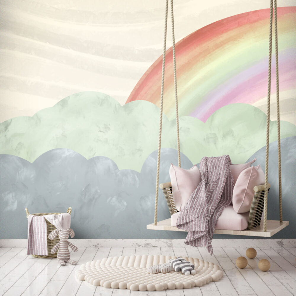 Rainbow Cloud Wallpaper : Watercolour Mint and Grey Kids Mural - View 5