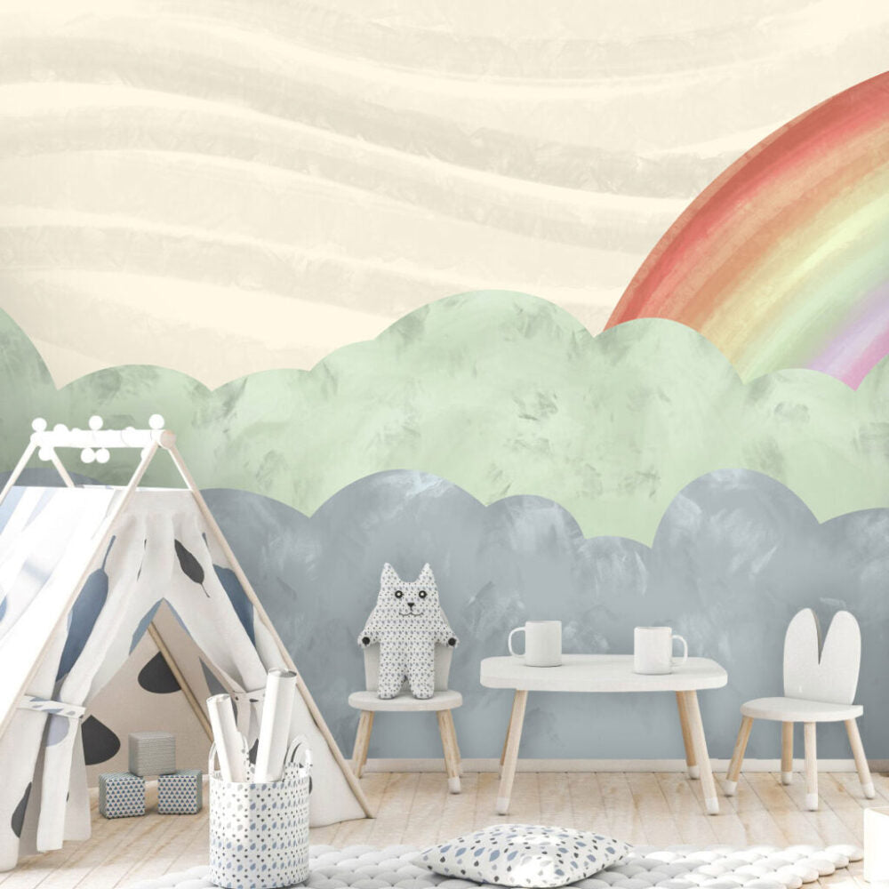 Rainbow Cloud Wallpaper : Watercolour Mint and Grey Kids Mural - View 4