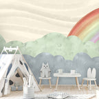 Rainbow Cloud Wallpaper : Watercolour Mint and Grey Kids Mural - View 4