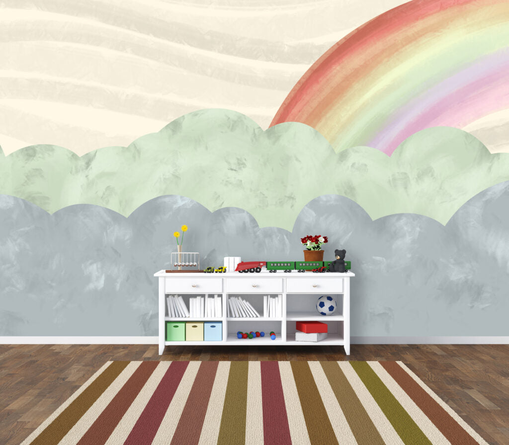 Rainbow Cloud Wallpaper : Watercolour Mint and Grey Kids Mural - View 3