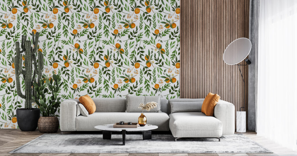 Orange Branch Wallpaper : Watercolour Citrus and Leaves Pattern - View 2