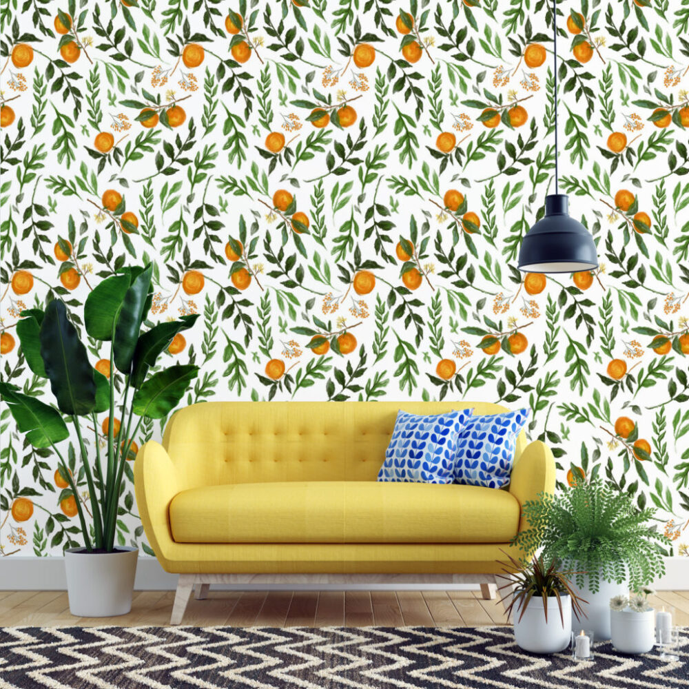 Orange Branch Wallpaper : Watercolour Citrus and Leaves Pattern - View 5