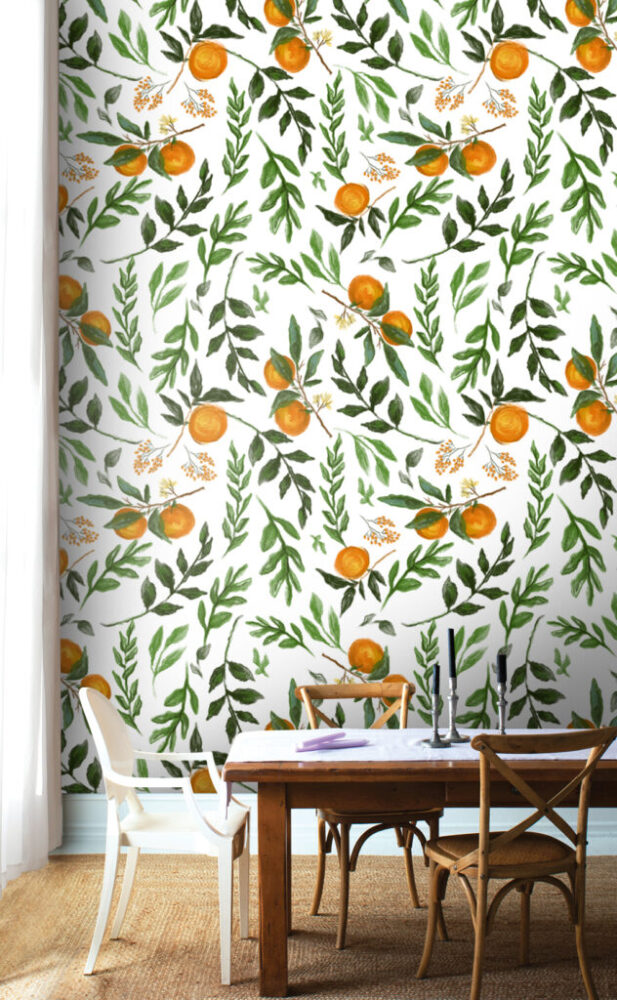 Orange Branch Wallpaper : Watercolour Citrus and Leaves Pattern