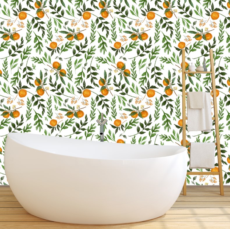 Orange Branch Wallpaper : Watercolour Citrus and Leaves Pattern - View 4