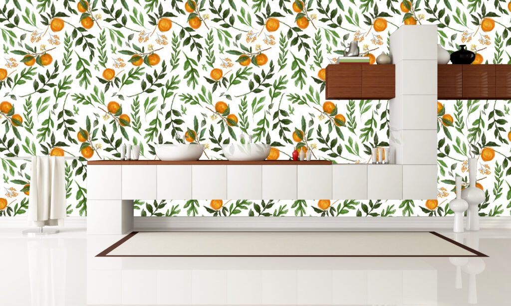 Orange Branch Wallpaper : Watercolour Citrus and Leaves Pattern - View 3