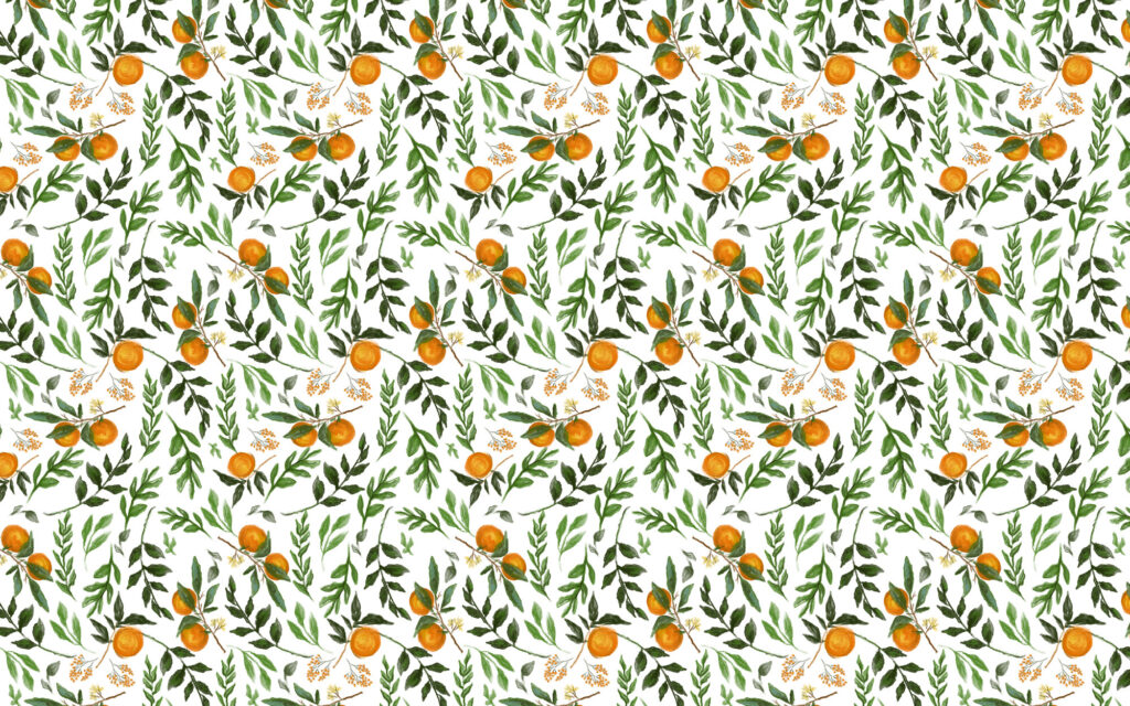 Orange Branch Wallpaper : Watercolour Citrus and Leaves Pattern - flat design