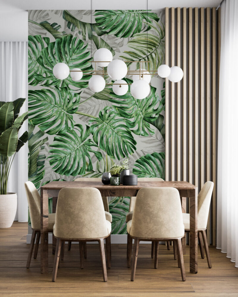 Monstera Leaf Wallpaper : Green and Grey Tropical Mural