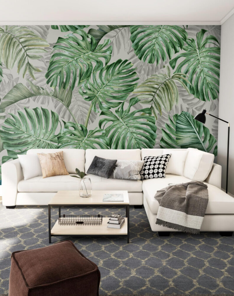 Monstera Leaf Wallpaper : Green and Grey Tropical Mural - View 2