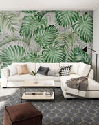 Monstera Leaf Wallpaper : Green and Grey Tropical Mural - View 2