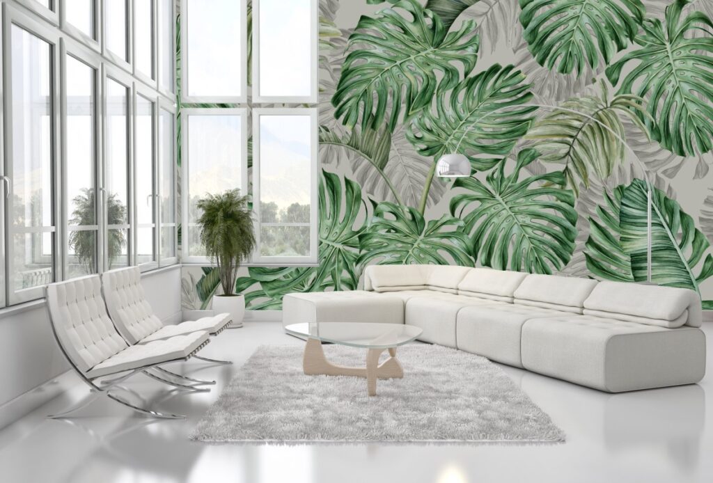 Monstera Leaf Wallpaper : Green and Grey Tropical Mural - View 5