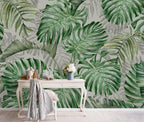 Monstera Leaf Wallpaper : Green and Grey Tropical Mural - View 4
