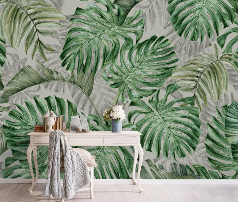 Monstera Leaf Wallpaper : Green and Grey Tropical Mural - View 4
