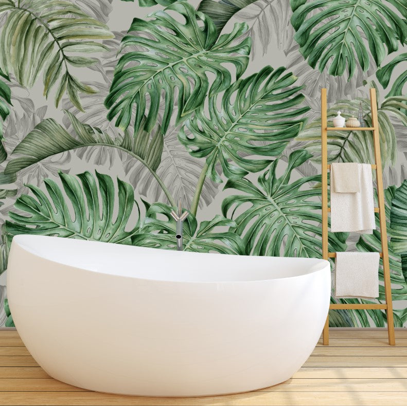 Monstera Leaf Wallpaper : Green and Grey Tropical Mural - View 3