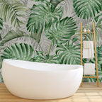 Monstera Leaf Wallpaper : Green and Grey Tropical Mural - View 3