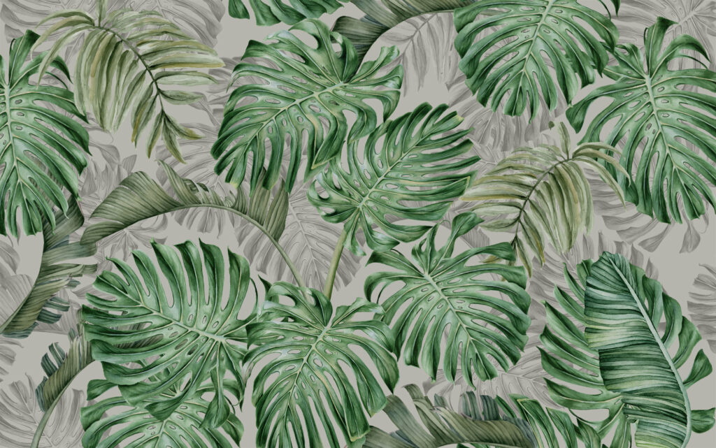 Monstera Leaf Wallpaper : Green and Grey Tropical Mural - flat design