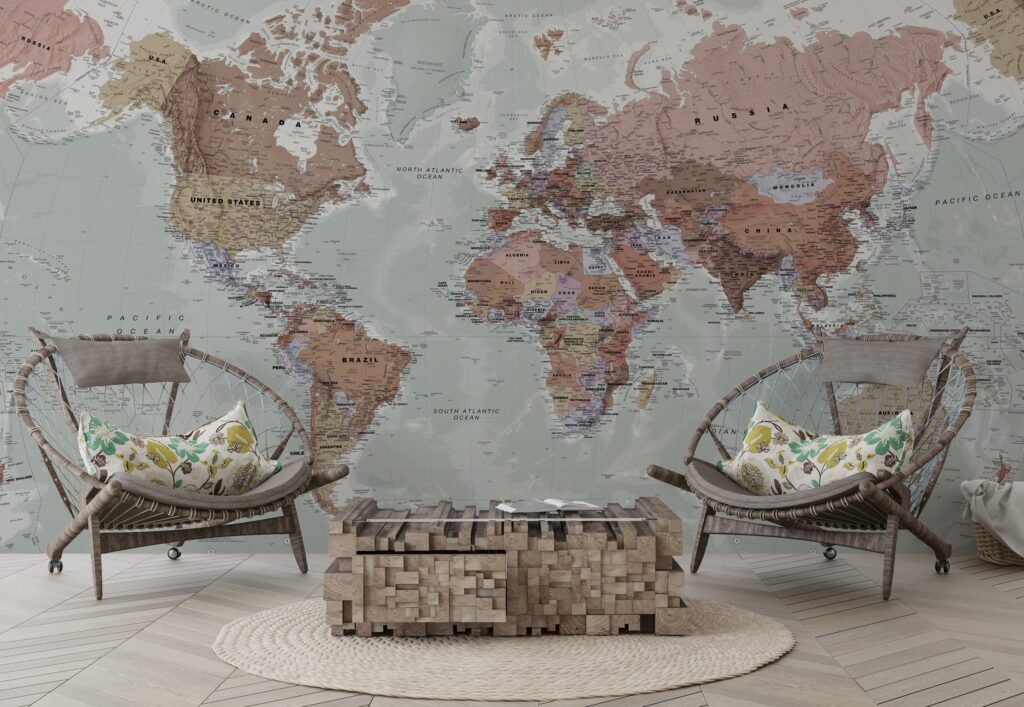 Political World Map Wallpaper : Terracotta and Sage Atlas Mural
