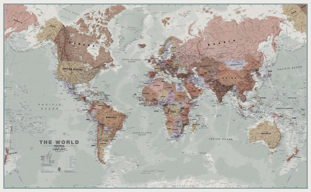 Political World Map Wallpaper : Terracotta and Sage Atlas Mural - flat design