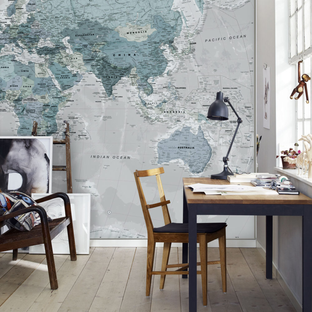 Blue World Map Wallpaper : Detailed Political Atlas Mural - View 4