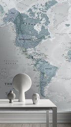 Blue World Map Wallpaper : Detailed Political Atlas Mural - View 2