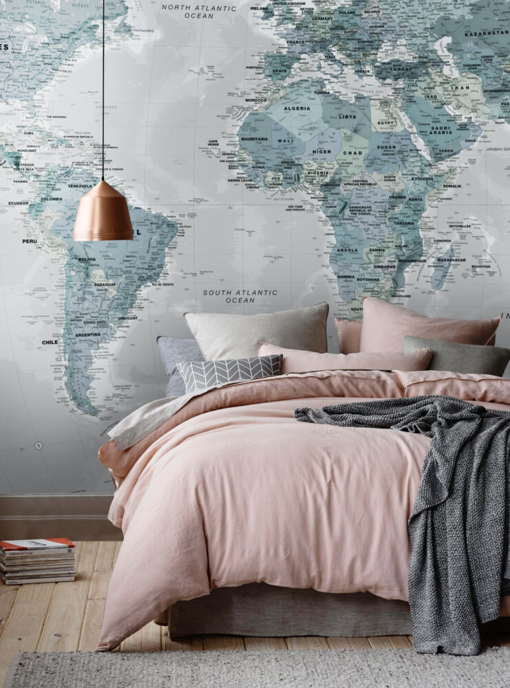 Blue World Map Wallpaper : Detailed Political Atlas Mural - View 3