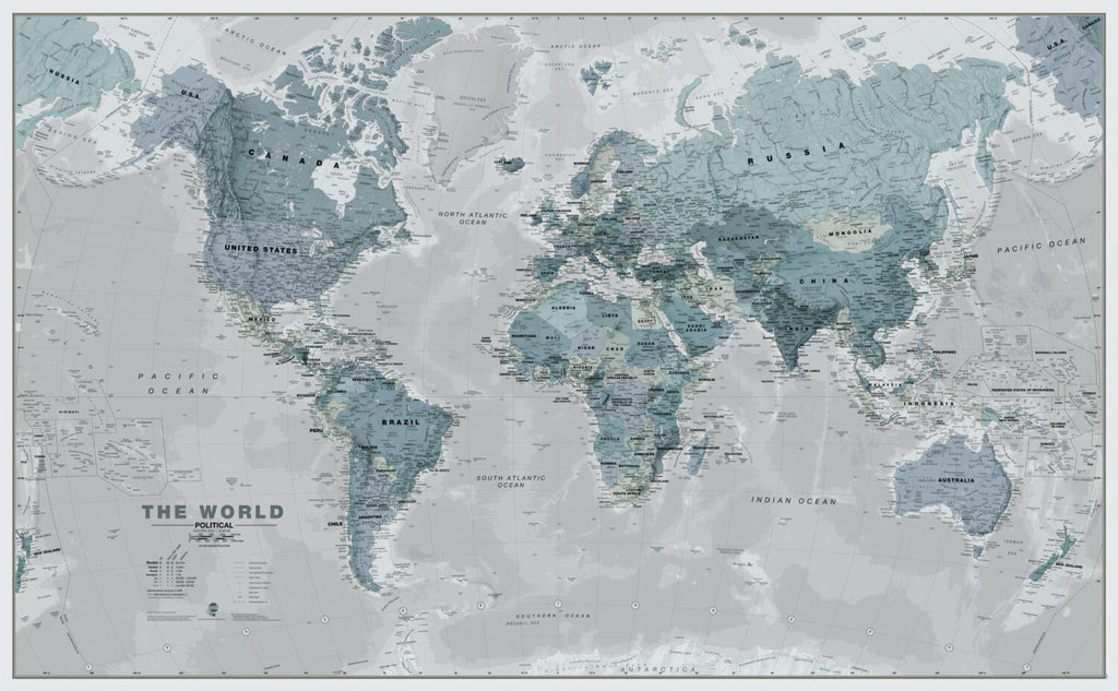 Blue World Map Wallpaper : Detailed Political Atlas Mural - flat design