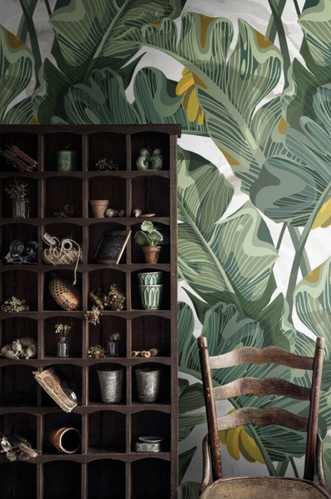 Banana Leaf Wallpaper : Retro Green Tropical Pattern - View 5