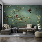 Blossom Branch Wallpaper : Bird on Sage Green Mural