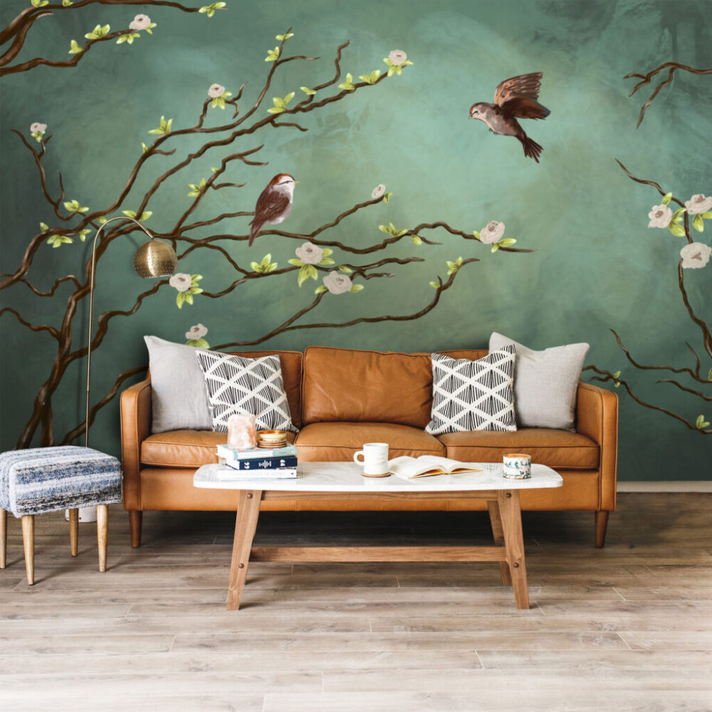 Blossom Branch Wallpaper : Bird on Sage Green Mural - View 3