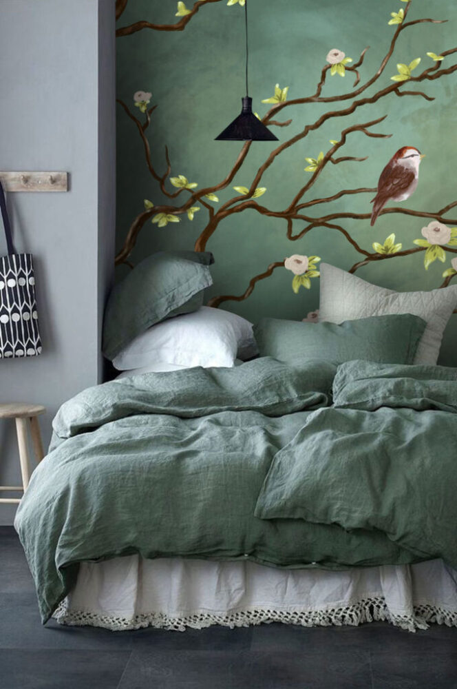 Blossom Branch Wallpaper : Bird on Sage Green Mural - View 5