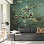 Blossom Branch Wallpaper : Bird on Sage Green Mural - View 2