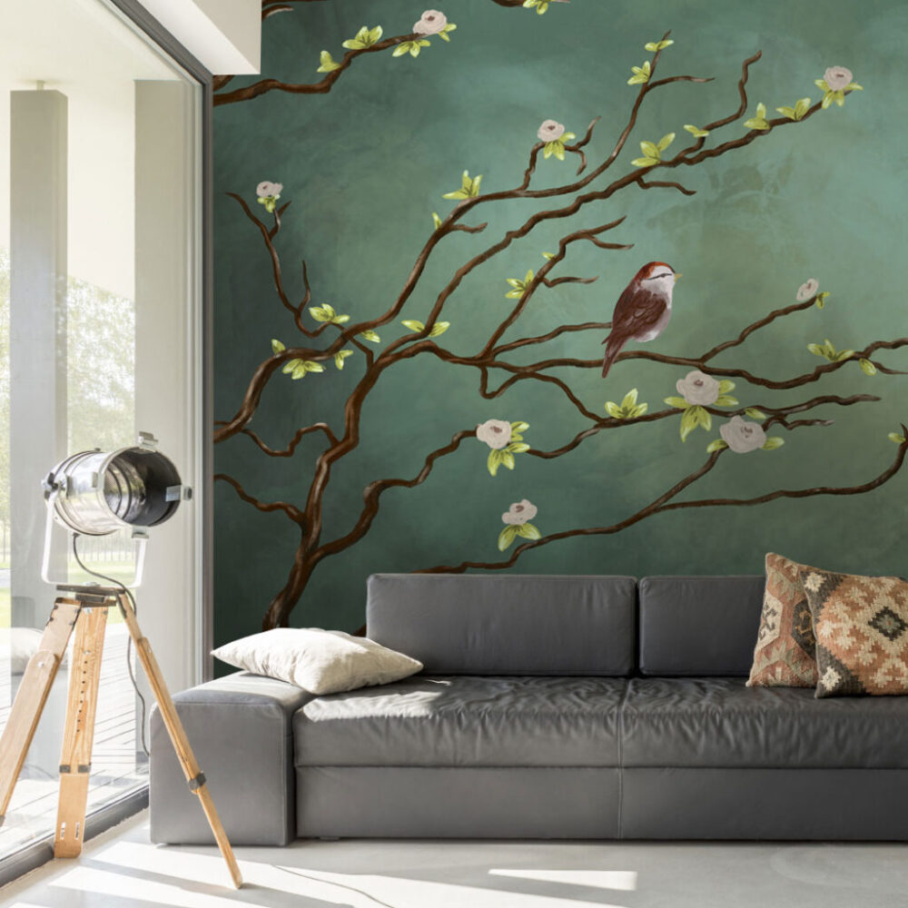 Blossom Branch Wallpaper : Bird on Sage Green Mural - View 2